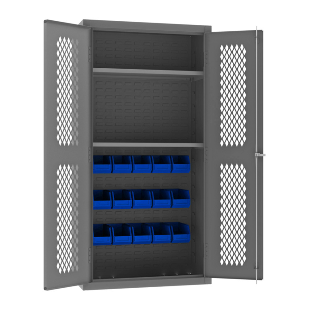 Ventilated Cabinet, 14 Gauge, 2 Shelves, 15 Blue Bins, 36 x 18 x 72 - 1