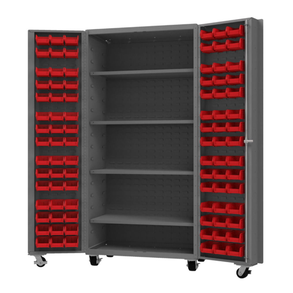 Mobile Cabinet, 14 Gauge, 96 Red Bins, 4 shelves, 36 x 24 x 76 - 1