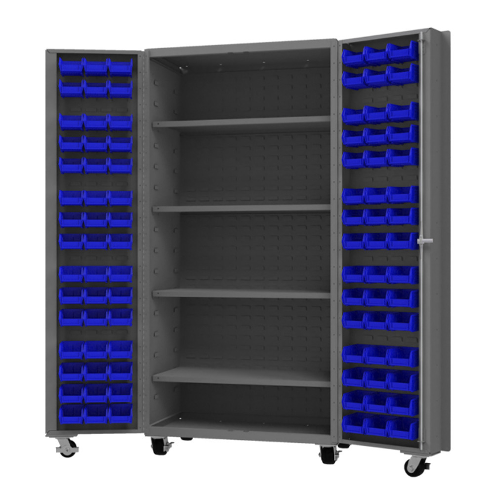 Mobile Cabinet, 14 Gauge, 96 Blue Bins, 4 shelves, 36 x 24 x 76 - 1