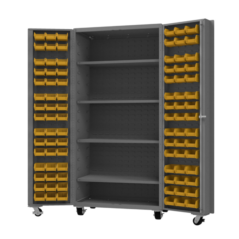 Mobile Cabinet, 14 Gauge, 96 Yellow Bins, 4 shelves, 36 x 24 x 76 - 1