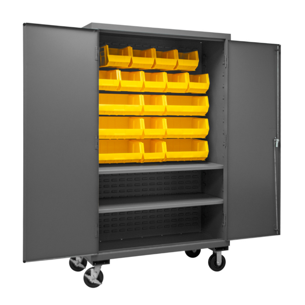 Mobile Cabinet, 14 Gauge, 2 Shelves, 18 Yellow Bins, 48 x 24 x 81 - 1