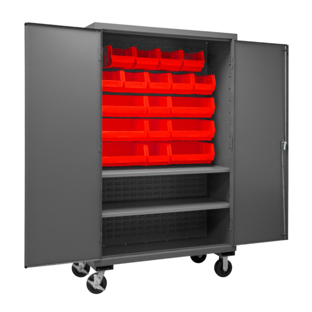 Mobile Cabinet, 14 Gauge, 2 Shelves, 18 Red Bins, 48 x 24 x 81 - 1