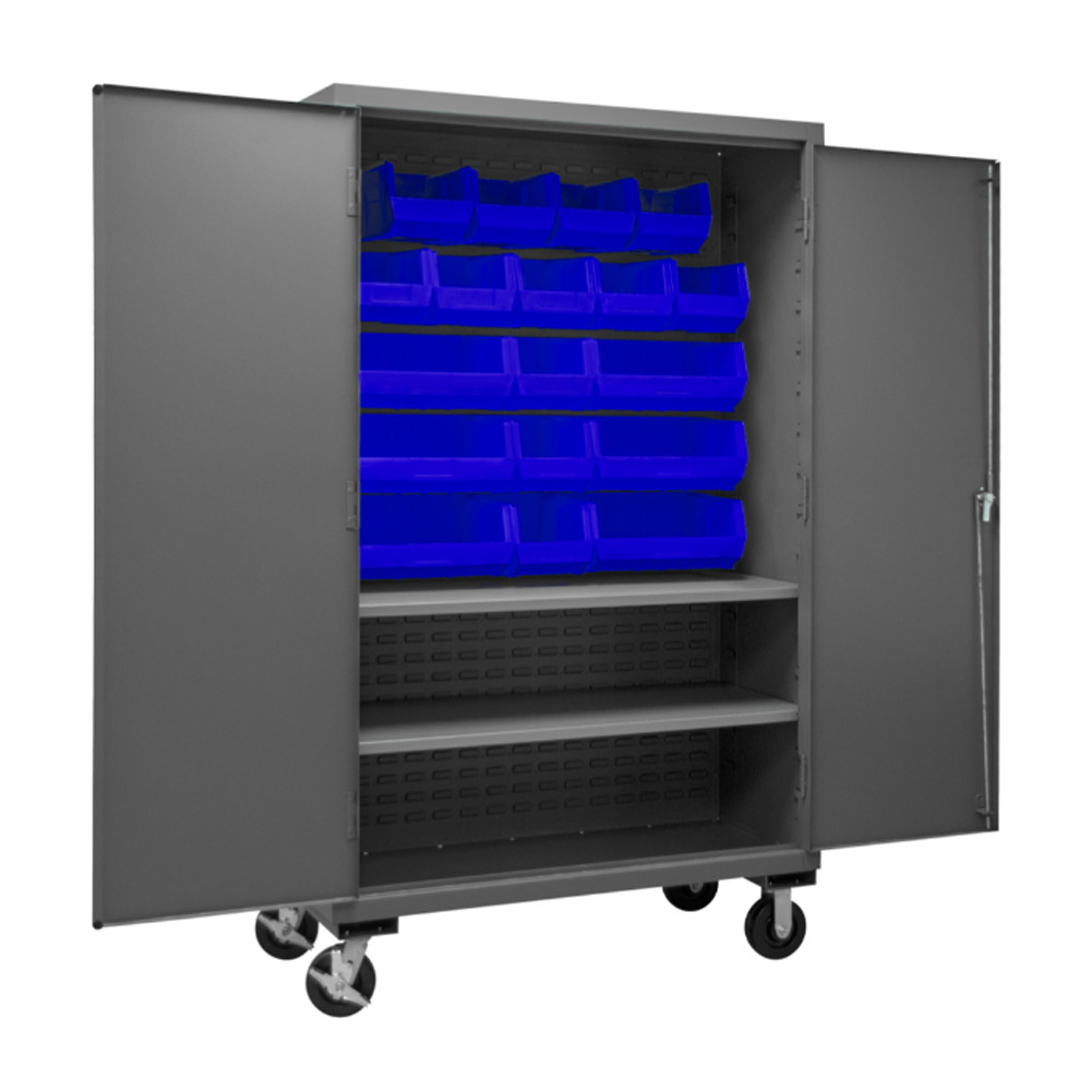 Mobile Cabinet, 14 Gauge, 2 Shelves, 18 Blue Bins, 48 x 24 x 81 - 1