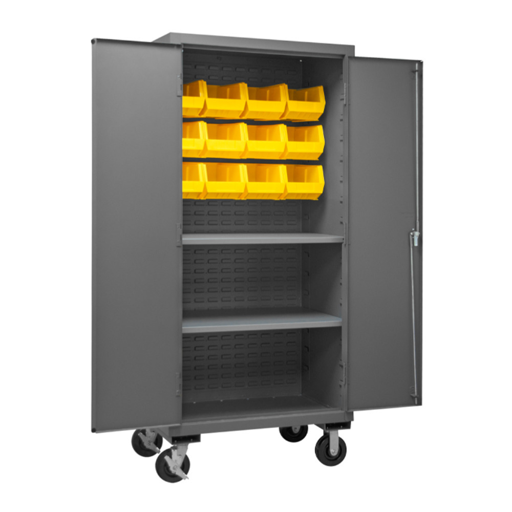 Mobile Cabinet, 14 Gauge, 2 Shelves, 12 Yellow Bins, 36 x 24 x 81 - 1