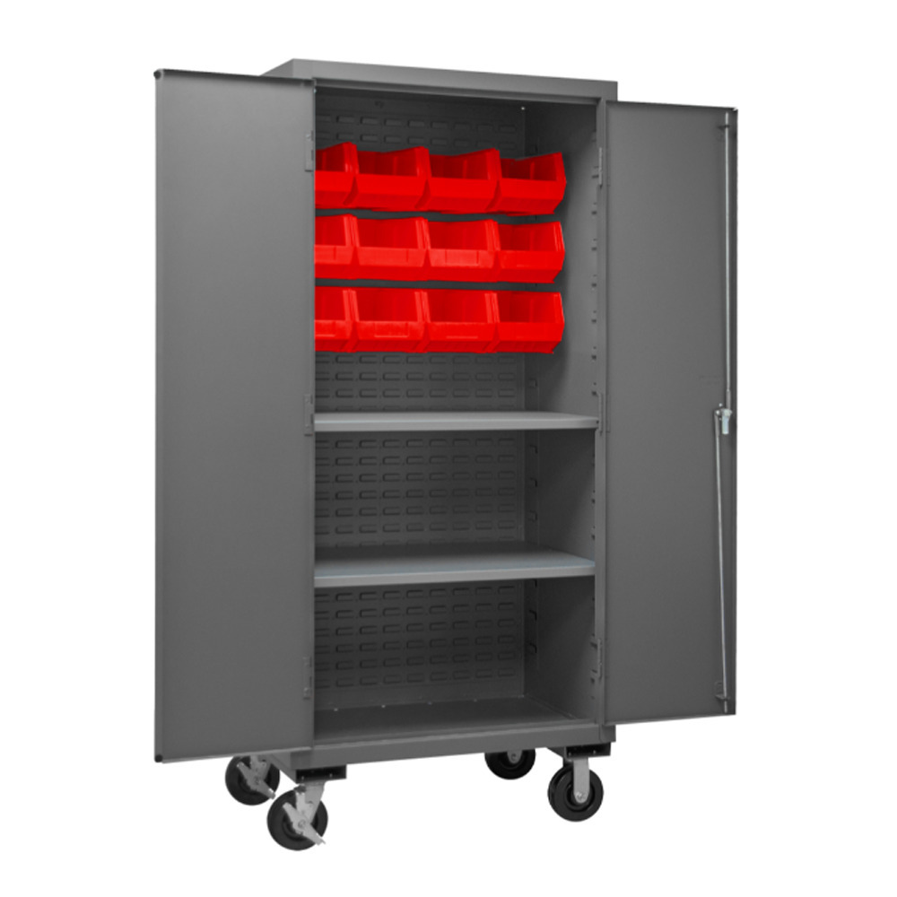 Mobile Cabinet, 14 Gauge, 2 Shelves, 12 Red Bins, 36 x 24 x 81 - 1