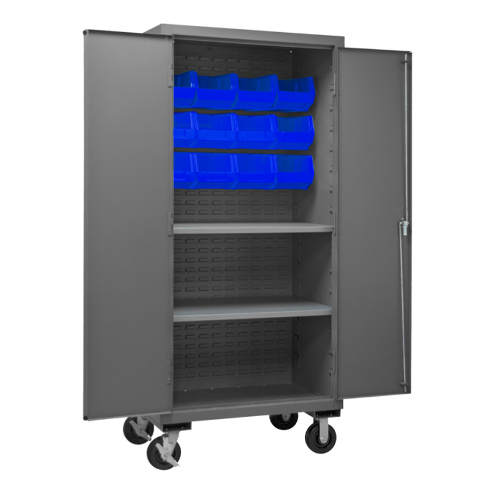 Mobile Cabinet, 14 Gauge, 2 Shelves, 12 Blue Bins, 36 x 24 x 81 - 1