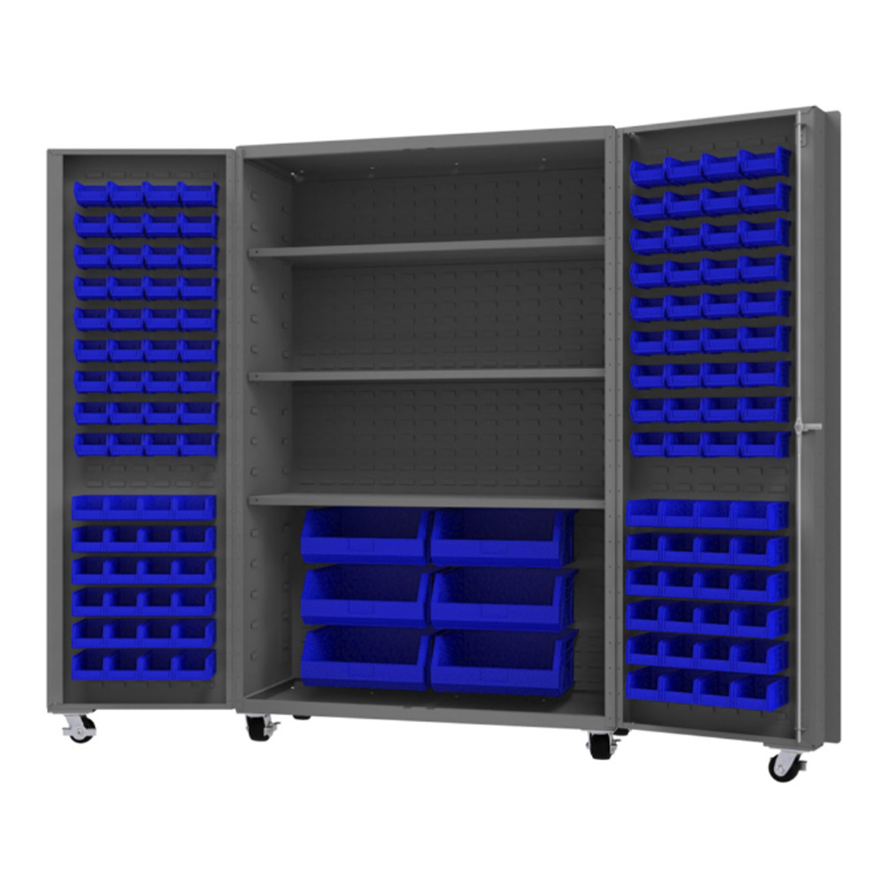 Mobile Cabinet, 14 Gauge, 126 Blue Bins, 3 shelves, 48 x 24 x 76 - 1