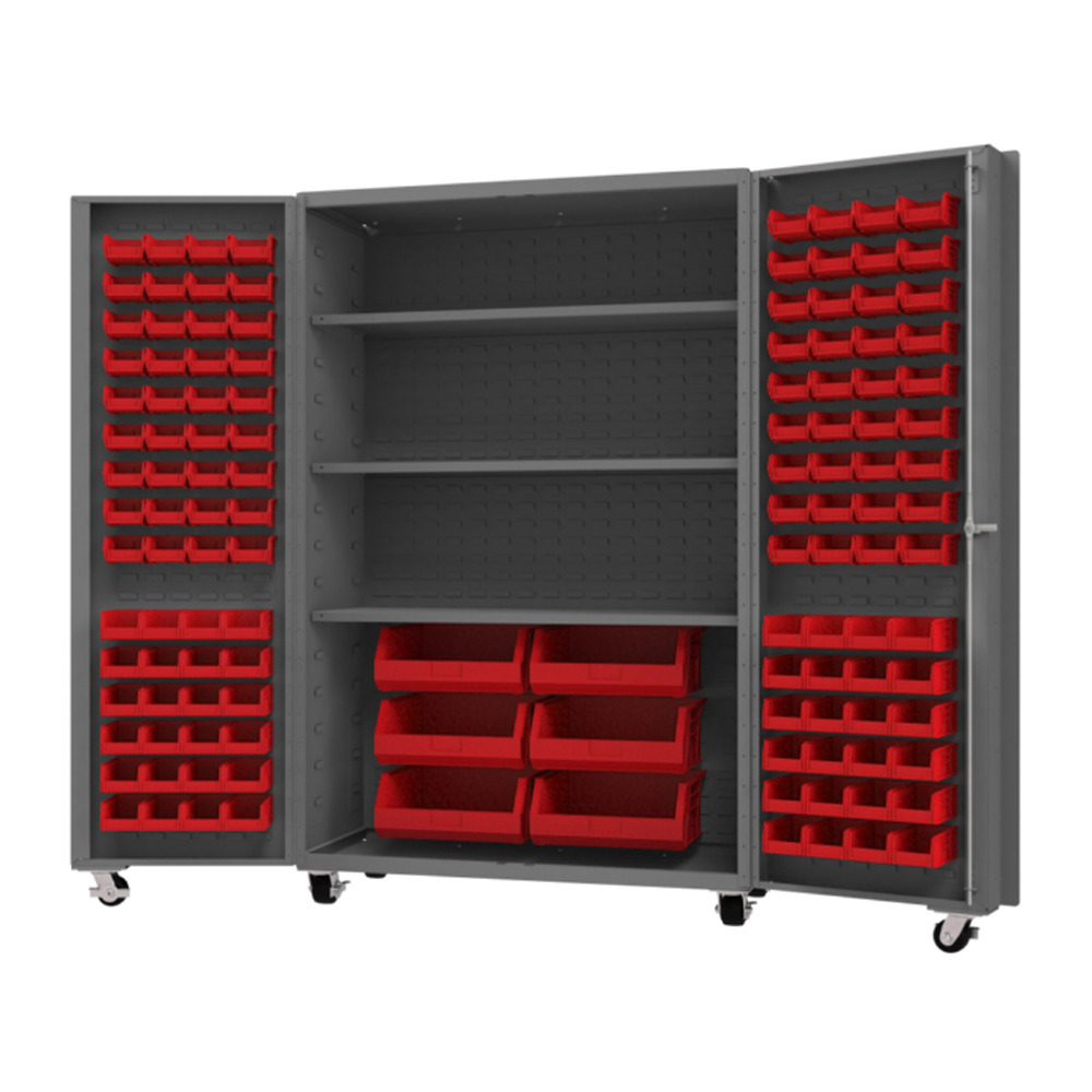 Mobile Cabinet, 14 Gauge, 126 Red Bins, 3 shelves, 48 x 24 x 76 - 1