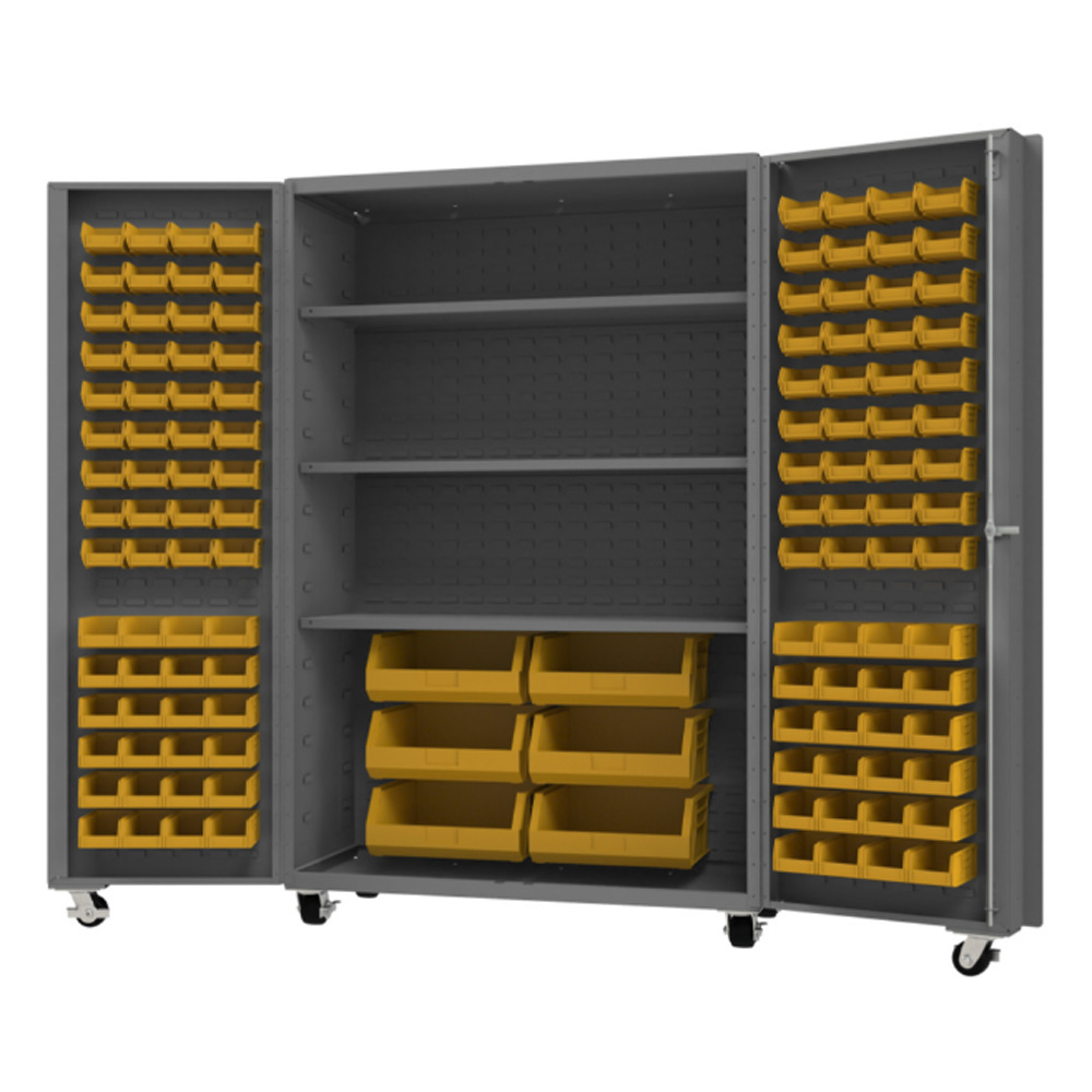 Mobile Cabinet, 14 Gauge, 126 Yellow Bins, 3 shelves, 48 x 24 x 76 - 1