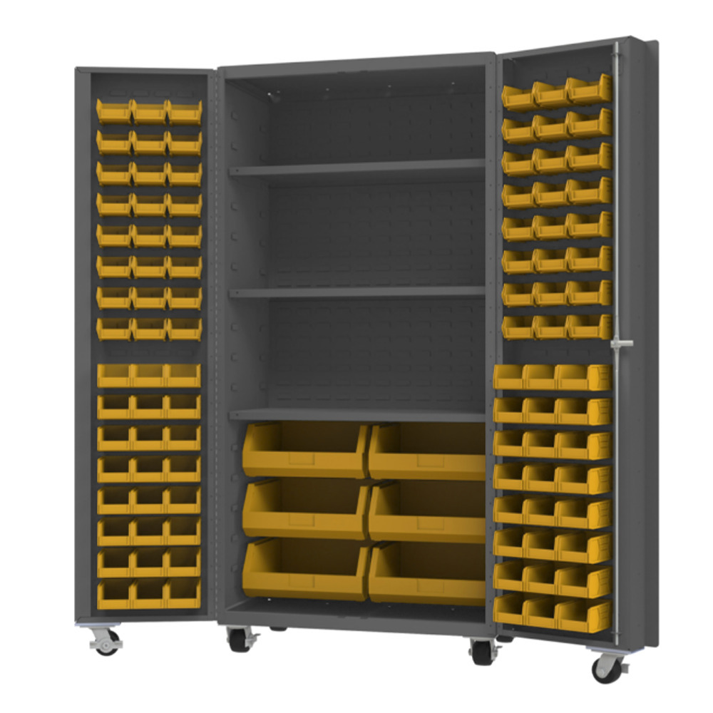 Mobile Cabinet, 14 Gauge, 102 Yellow Bins, 3 shelves, 36 x 24 x 76 - 1