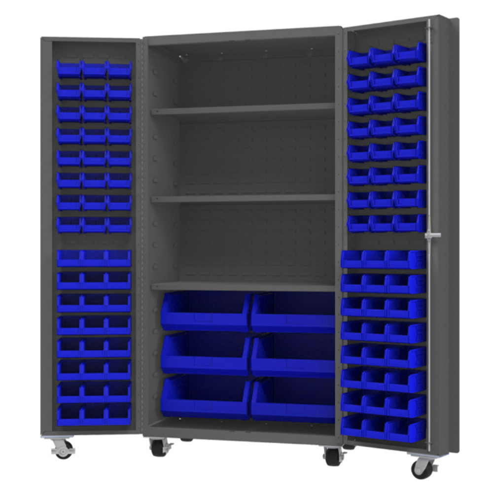 Mobile Cabinet, 14 Gauge, 102 Blue Bins, 3 shelves, 36 x 24 x 76 - 1