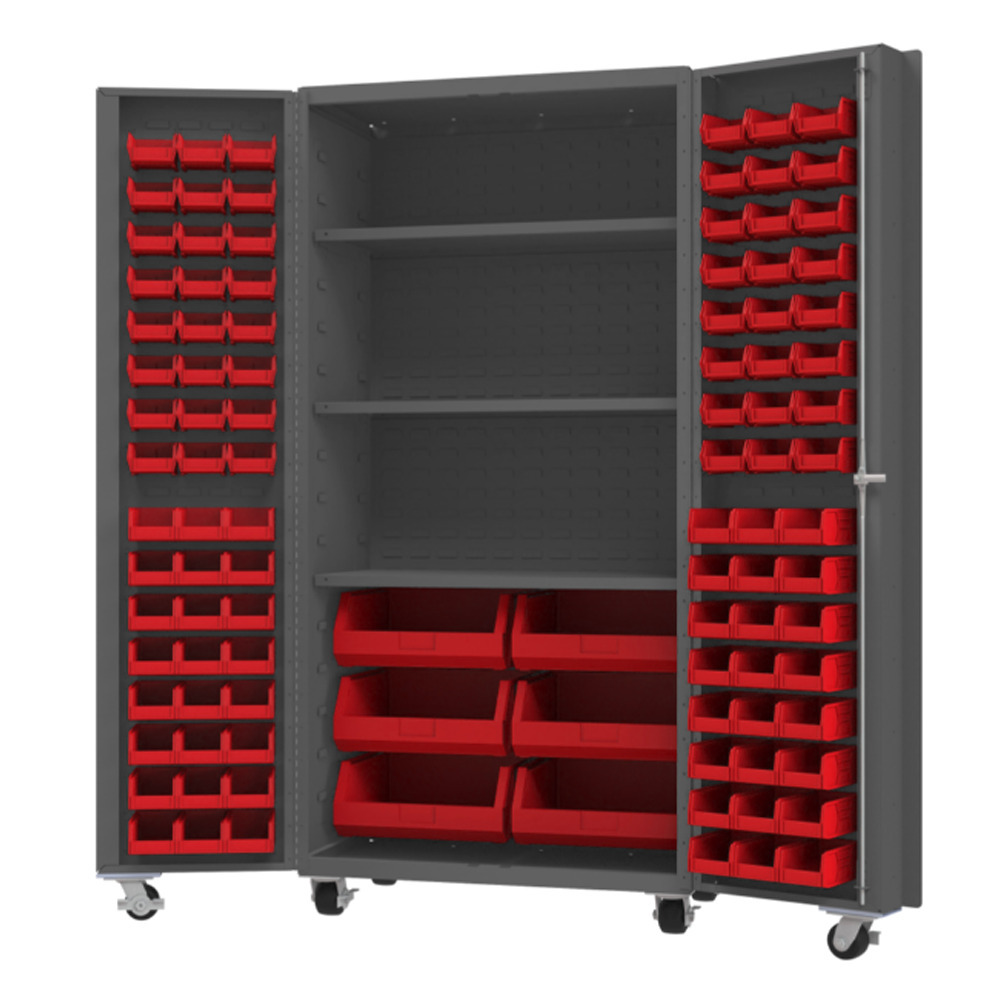 Mobile Cabinet, 14 Gauge, 102 Red Bins, 3 shelves, 36 x 24 x 76 - 1