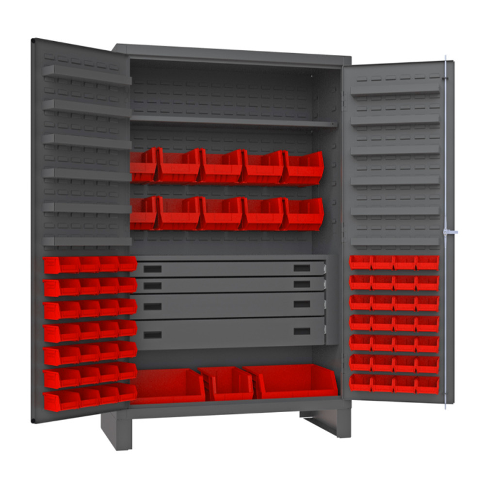 Cabinet, 14 Gauge, 4 Drawer, 12 Door Shelves, 69 Red Bins, 48 x 24 x 78 - 1