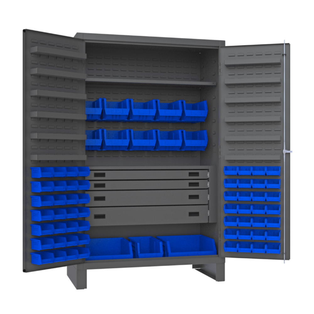 Cabinet, 14 Gauge, 4 Drawer, 12 Door Shelves, 69 Blue Bins, 48 x 24 x 78 - 1