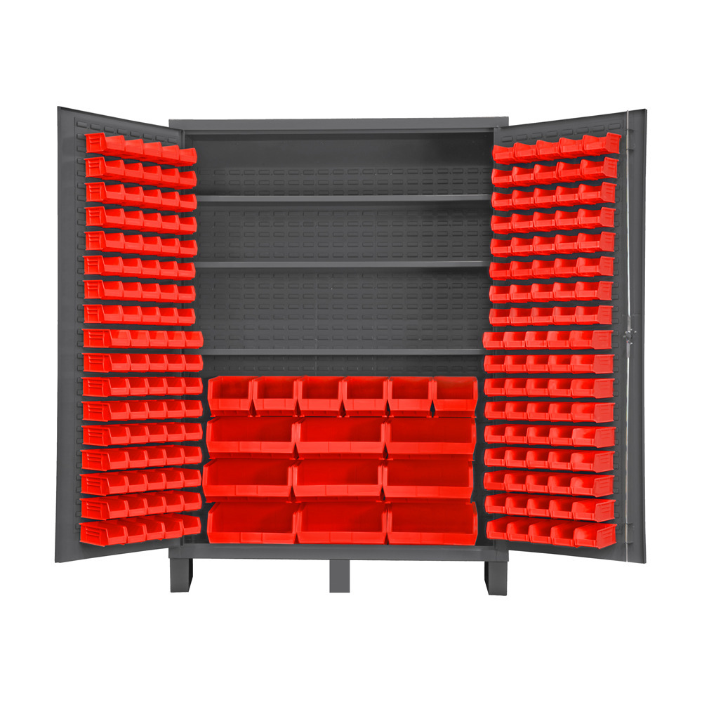 Cabinet, 14 Gauge, 3 Shelves, 185 Red Bins, 60 x 24 x 84 - 1