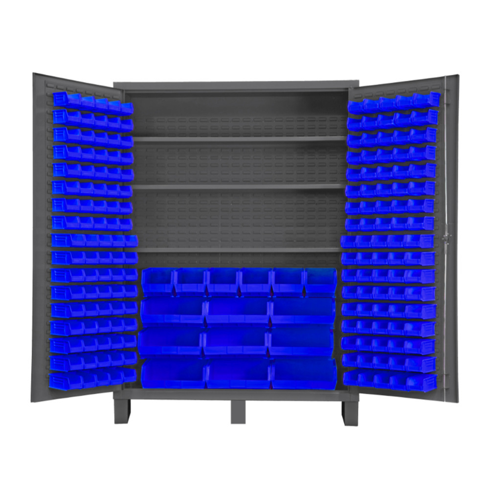 Cabinet, 14 Gauge, 3 Shelves, 185 Blue Bins, 60 x 24 x 84 - 1