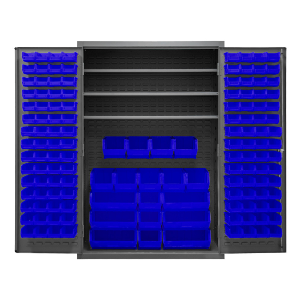 Cabinet, 14 Gauge, 3 Shelves, 138 Blue Bins, 48 x 24 x 72 - 1