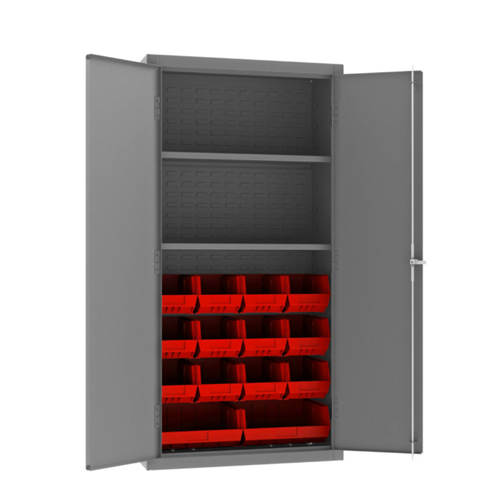 Cabinet, 14 Gauge, 2 Shelves, 14 Red Bins, 36 x 18 x 72 - 1