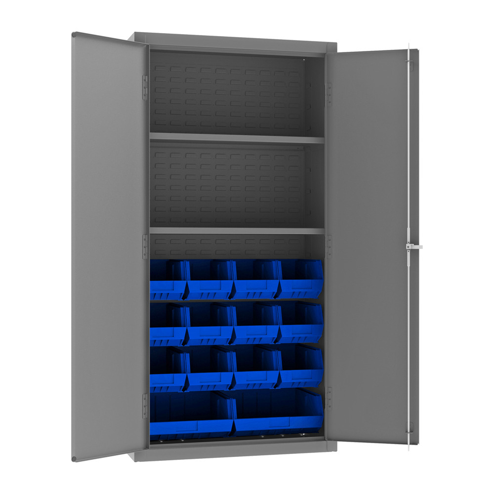 Cabinet, 14 Gauge, 2 Shelves, 14 Blue Bins, 36 x 18 x 72 - 1