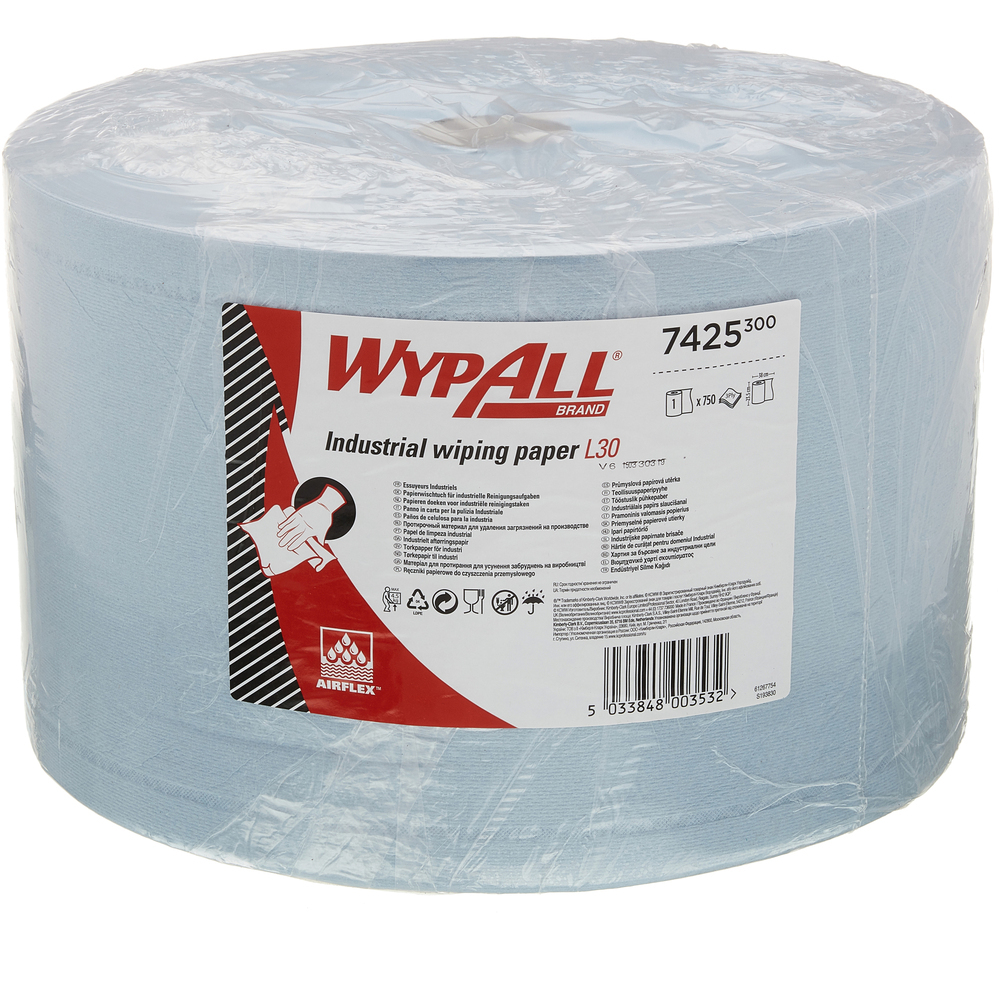 WypAll® cleaning cloths L30, jumbo roll 7425, blue, 3-ply, 1 roll of 750 cloths - 1