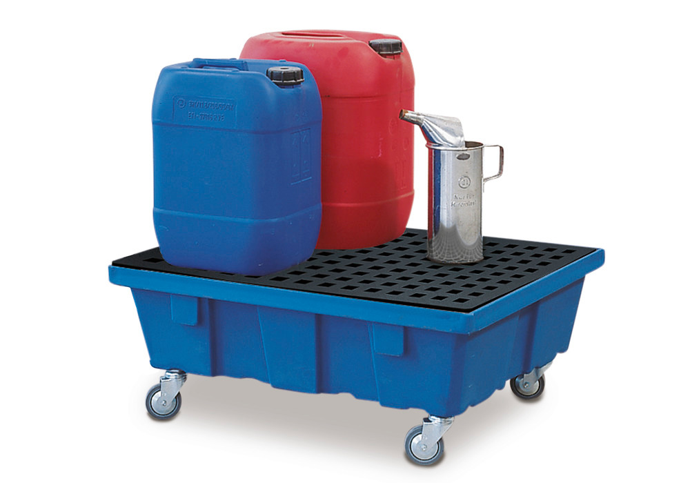 Spill tray for small containers classic-line in polyethylene (PE) with castors and PE grid, 69 litre - 1