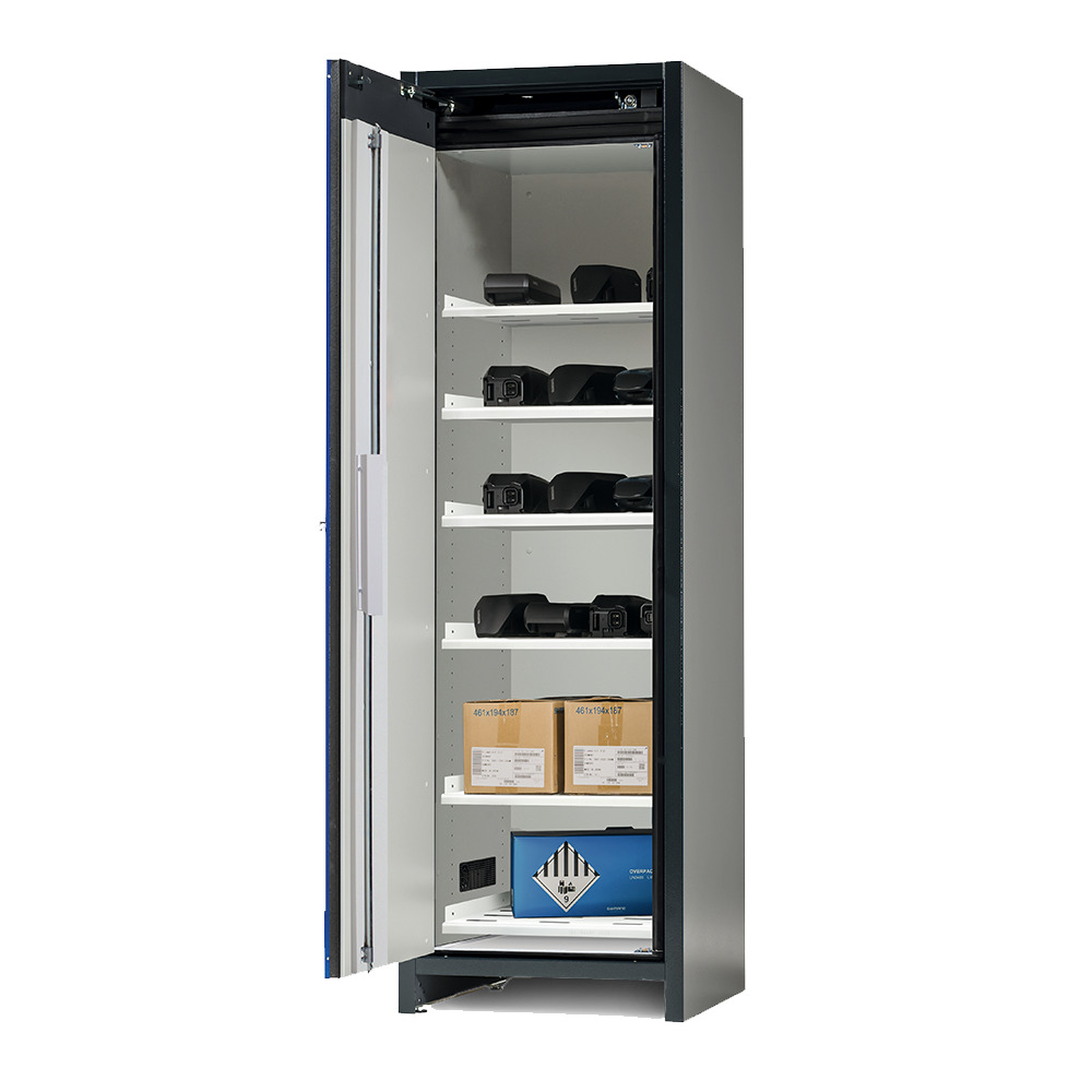 asecos lithium-ion storage cabinet, 90 Min fire resistant, 6 Shelves, 1 Door - 1