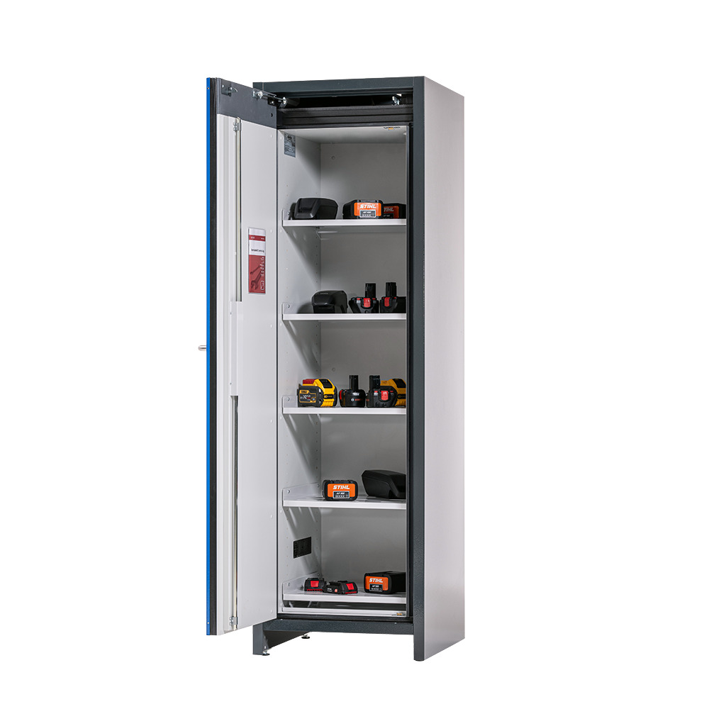 asecos lithium-ion storage cabinet, 90 Min fire resistant, 5 Shelves, 1 Door - 1