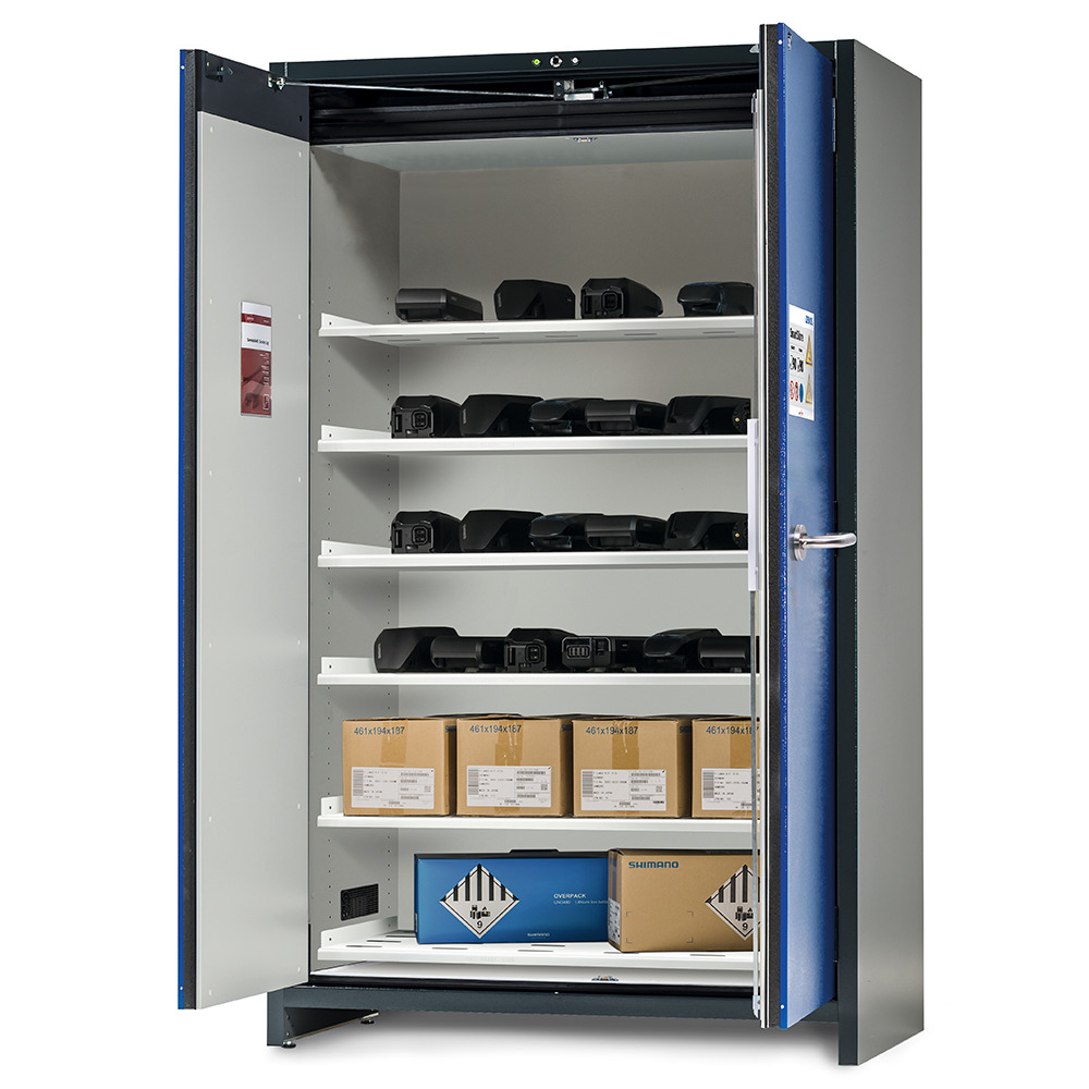 asecos lithium-ion storage cabinet, 90 Min fire resistant, 6 shelves, 2 doors - 1