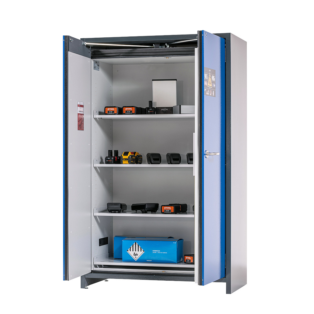 asecos lithium-ion storage cabinet, 90 Min fire resistant, 5 Shelves, 2 Doors - 1