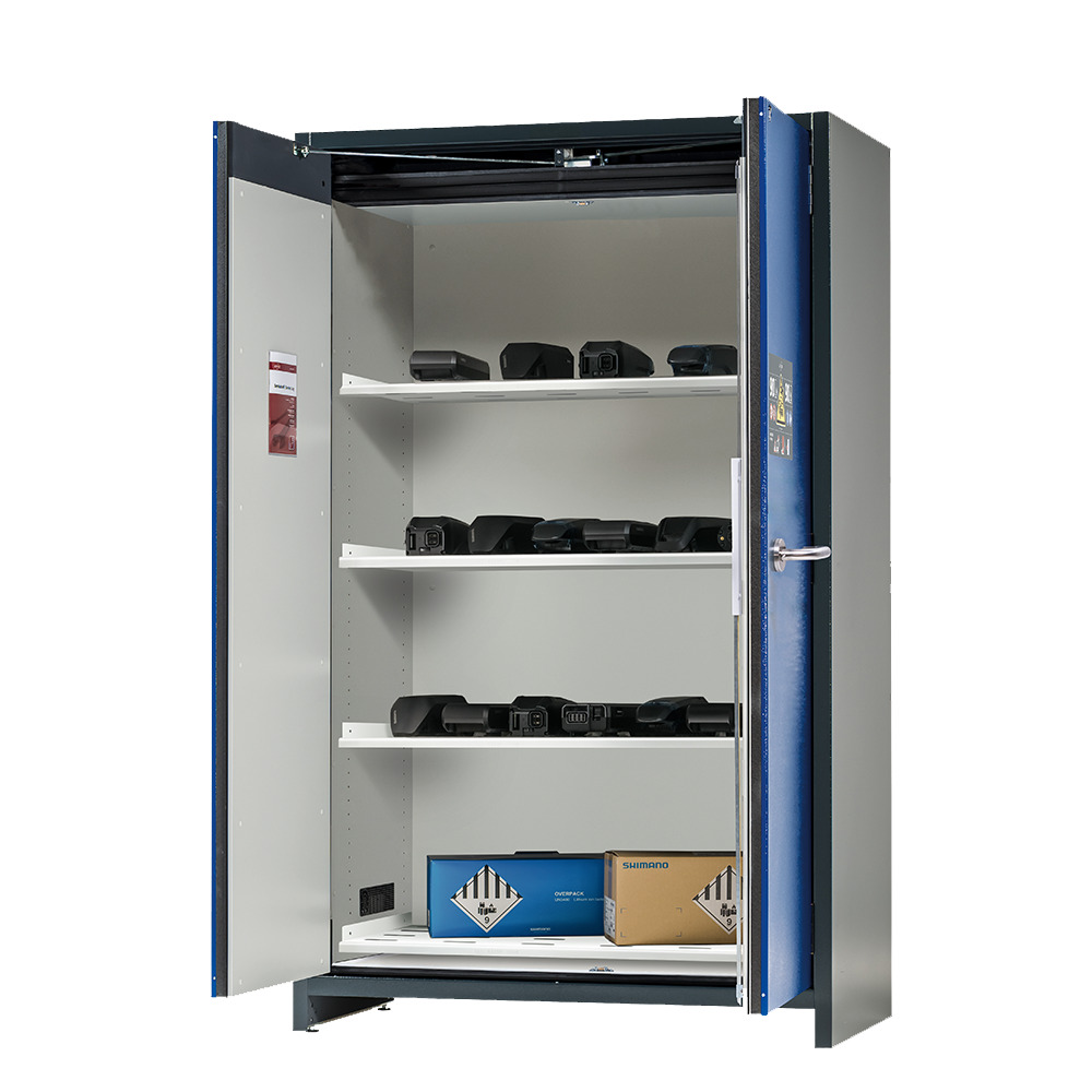 asecos lithium-ion storage cabinet, 90 Min fire resistant, 4 Shelves, 2 Doors - 1