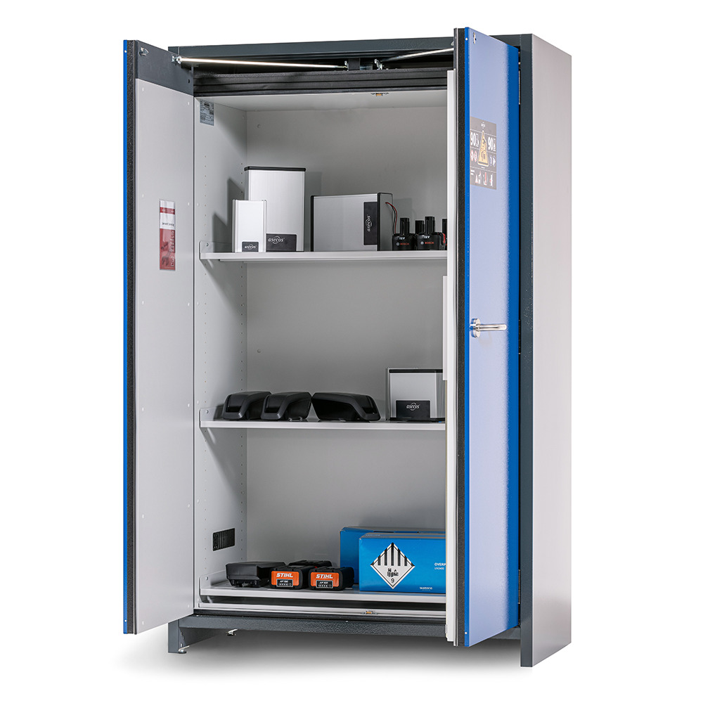 asecos lithium-ion storage cabinet, 90 Min fire resistant, 3 Shelves, 2 Doors - 1