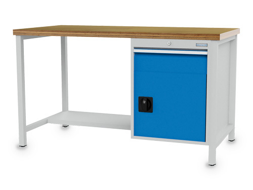 Werkbank mit Schublade, Fachboden und Flügeltür, 1500 x 750 x 859 mm, grau/blau - 1