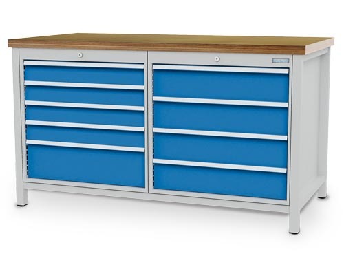 Werkbank, 9 Schubladen,  1500 x 750 x 959 mm, grau/blau - 1