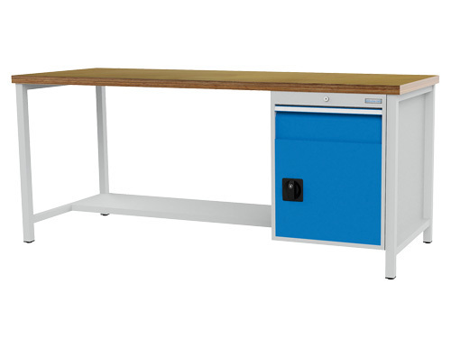 Werkbank mit Schublade, Fachboden und Flügeltür, 1500 x 750 x 959 mm, grau/blau - 1