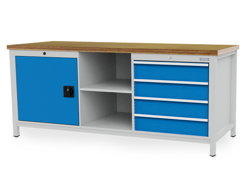 Werkbank, 4 Schubladen, Flügeltür und Ablagefächer, 2000 x 750 x 959 mm, grau/blau - 1