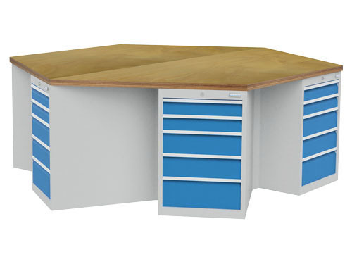 Gruppenwerkbank, sechseckig, 6 x Schubladenschrank, 2500 x 2165 x 859 mm Breite, grau/blau - 1