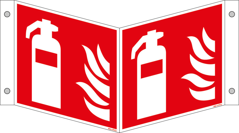Vinkelskilt brandslukker, ISO 7010, aluminium, selvlysende, 150 x 150 mm, 5 stk.