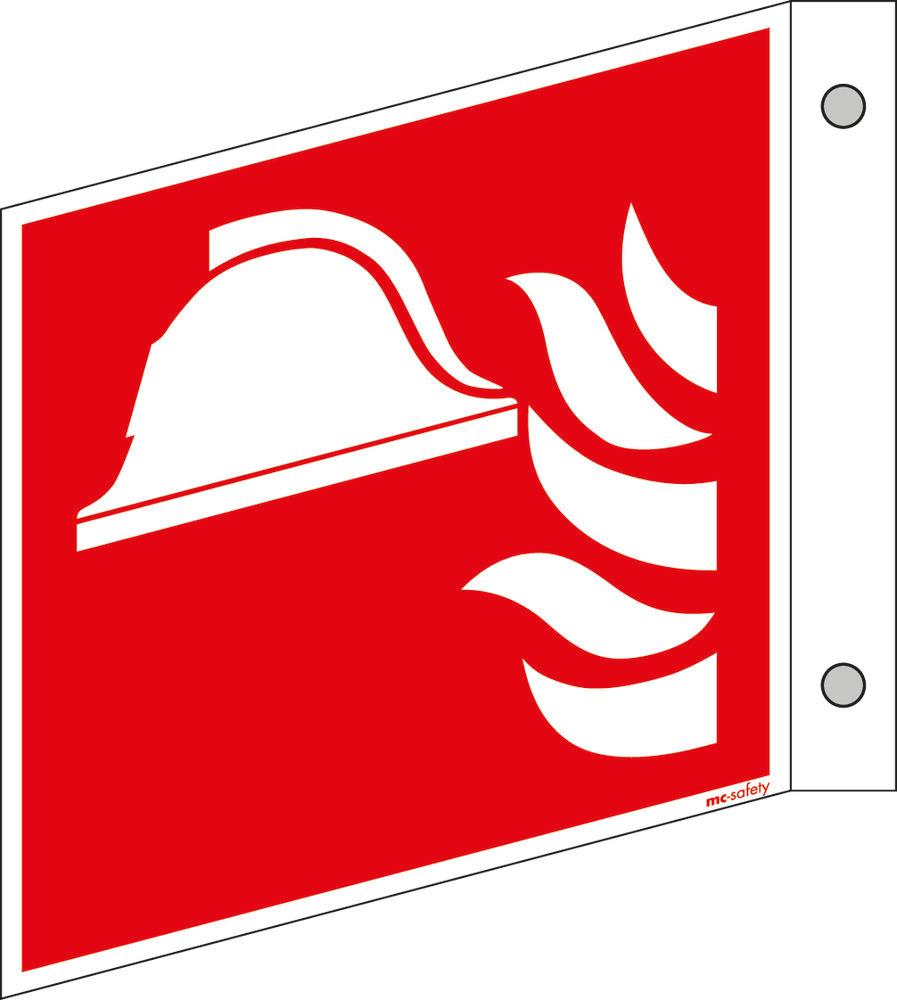 Panneau en drapeau Équipement de lutte contre l'incendie, ISO 7010, aluminium, fluo, 150x150mm, x5