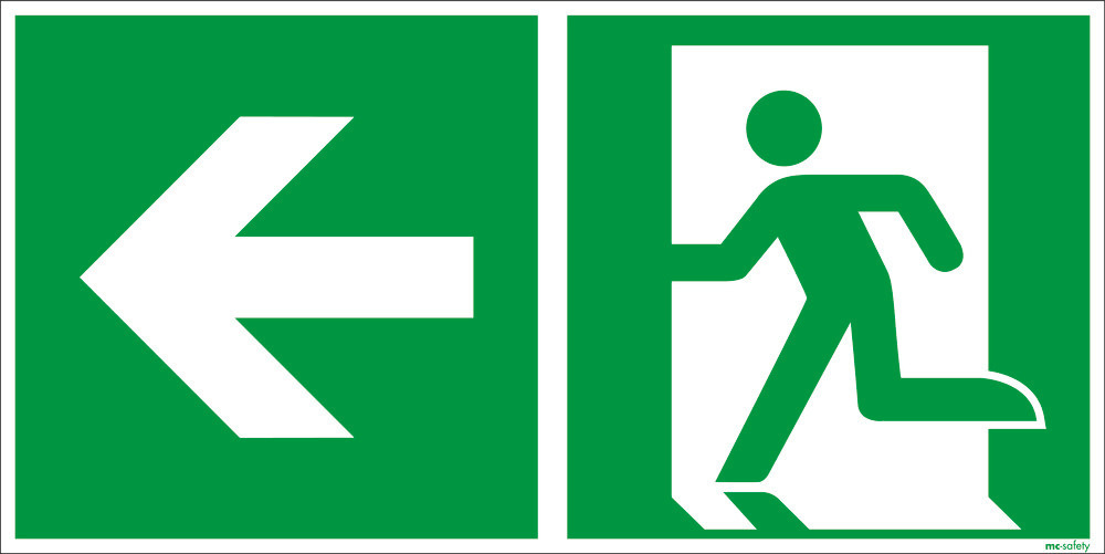 Emergency sign Emergency route left, ISO 7010, foil, lum, s-adh, 300 x 150 mm, Pack = 10 units