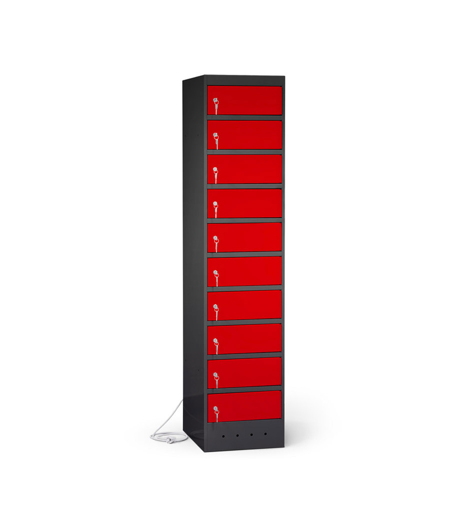 Armoire portables charge, 10 compartiments, verrouillable, multiprise-CH, anthracite/rouge feu - 1