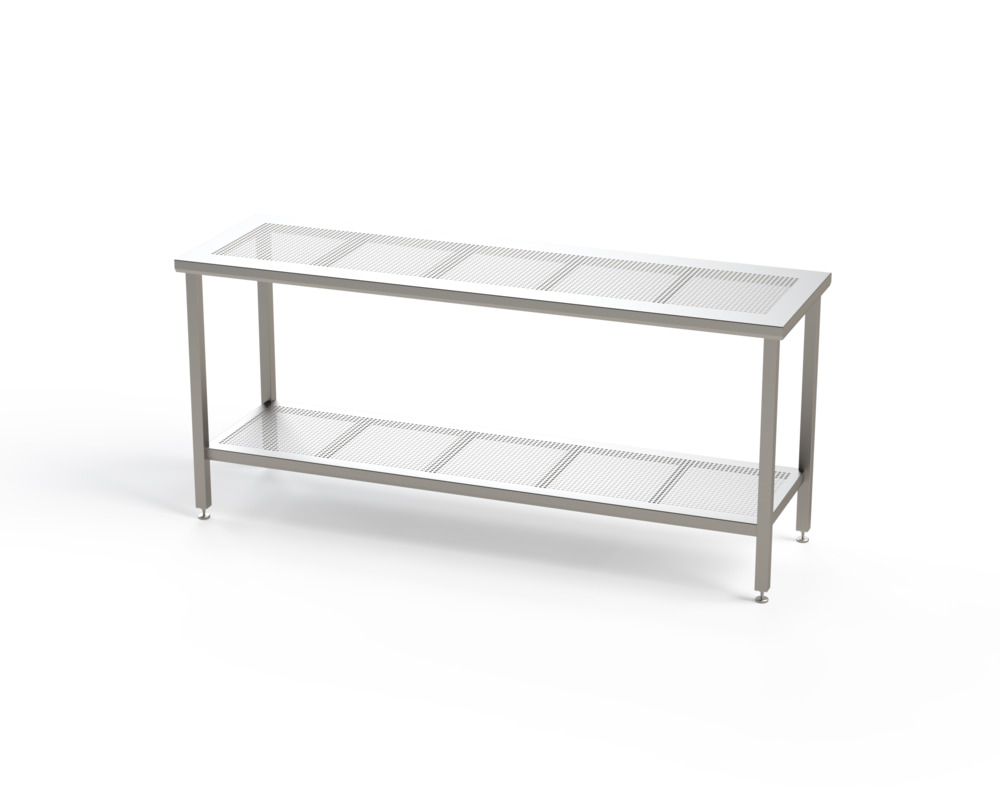 Table en acier inox pour salle blanche, plan de travail perforé, fond perforé, 1700 x 700 x 900 mm - 1