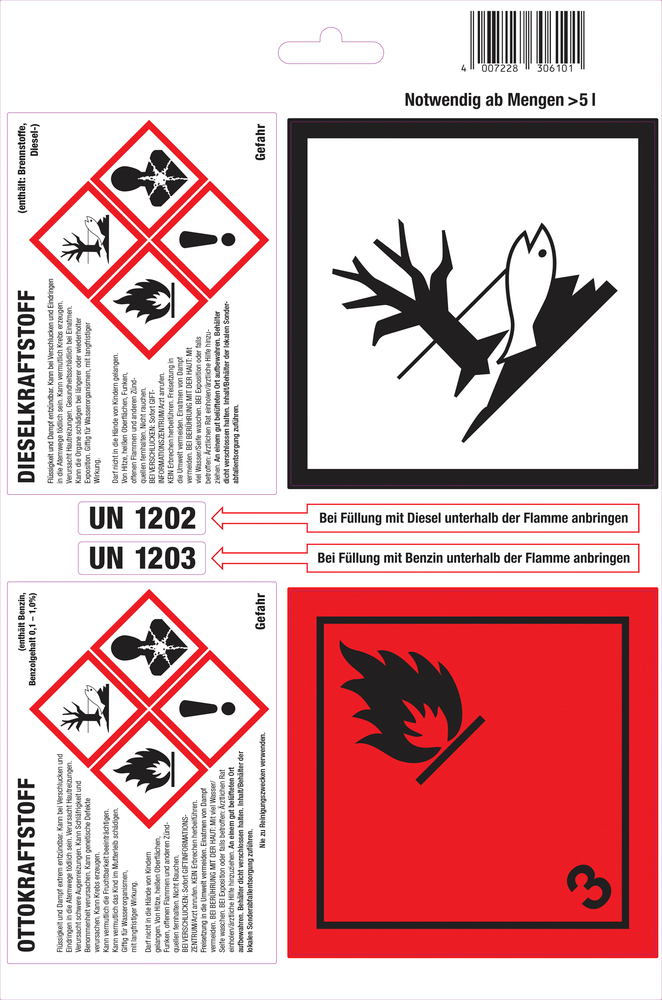 GHS-/ADR-Etiketten für Otto-/Dieselkraftstoffe, VE = 25 Bögen mit je 6 Etiketten - 1