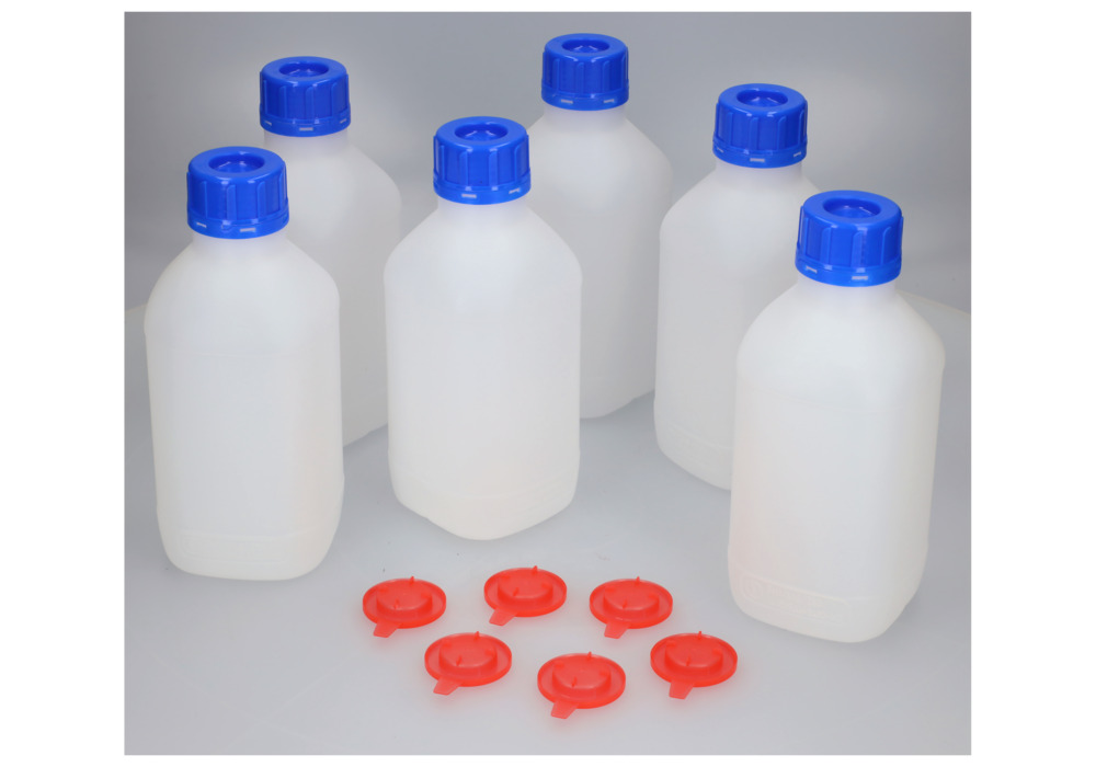 Fľaše s úzkym hrdlom z HDPE, hranaté, prírodné číre, 1000 ml, s UN-schválením, 6ks - 8