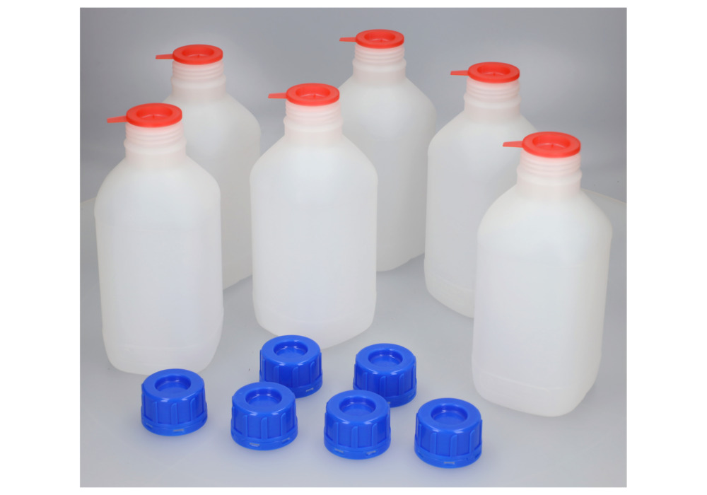 Fľaše s úzkym hrdlom z HDPE, hranaté, prírodné číre, 1000 ml, s UN-schválením, 6ks - 7