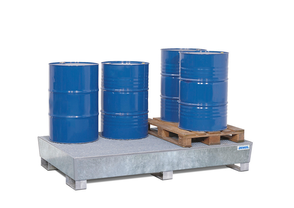 Spill pallet classic-line in steel for 6 drums, galv., access. underneath with grid, 1300x2180x343 - 2