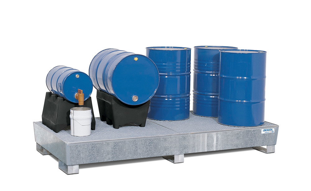 Spill pallet classic-line in steel for 8 drums, galv., access. underneath with grid, 1300x2680x343 - 2
