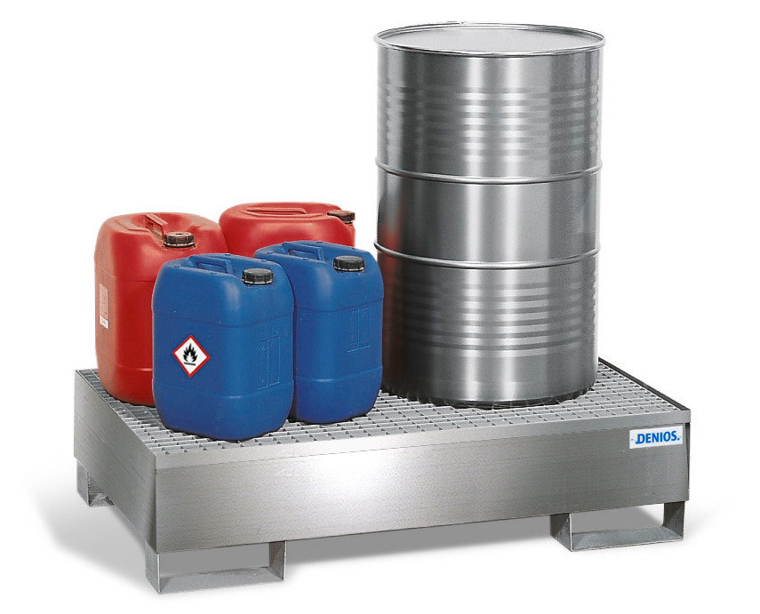Spill pallet pro-line in st steel for 2 drums, access. underneath, with st steel grid, 850x1342x325 - 1