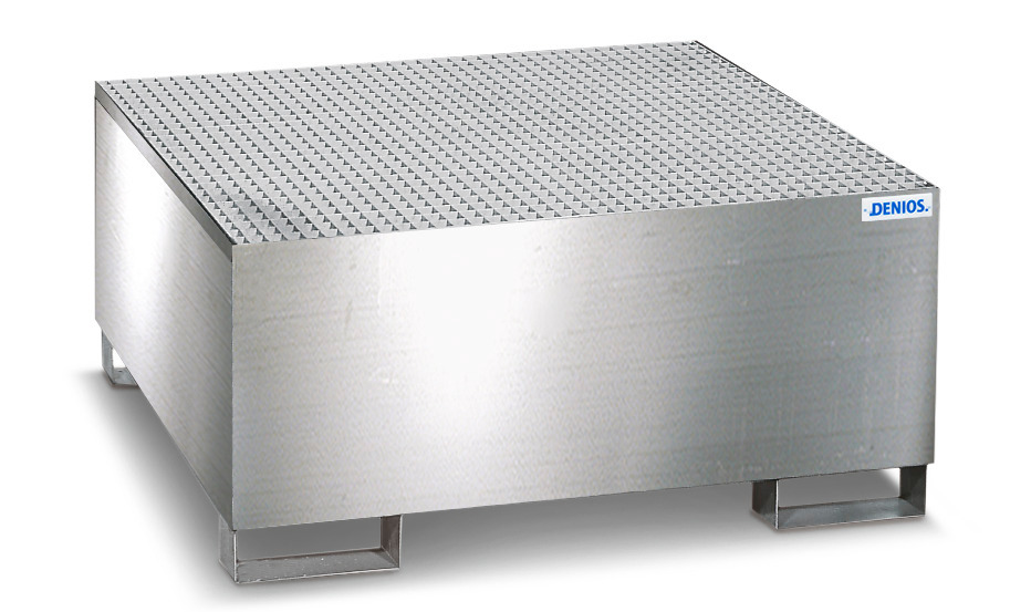 Cubeto pro-line en acero inox para 4 bidones, con patas y rejilla galvanizada, 1260x1342x390 mm - 1