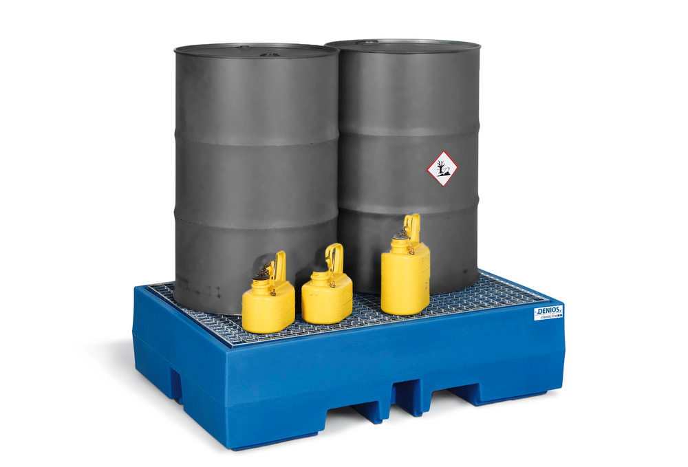 Spill pallet classic-line in polyethylene (PE) for 2 drums, with galvanised grid, 900x1300x350 - 1
