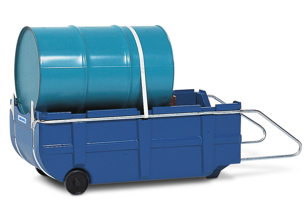 Tromlevogn og opsamlingskar FSK-Poly af polyethylen, blå, med håndtag og rem, 200 liters tromle - 1